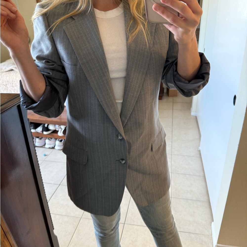 VINTAGE Yves Saint Laurent Light Blue + Tan Plaid Blazer + Removable Fur Collar - Picture 8 of 13